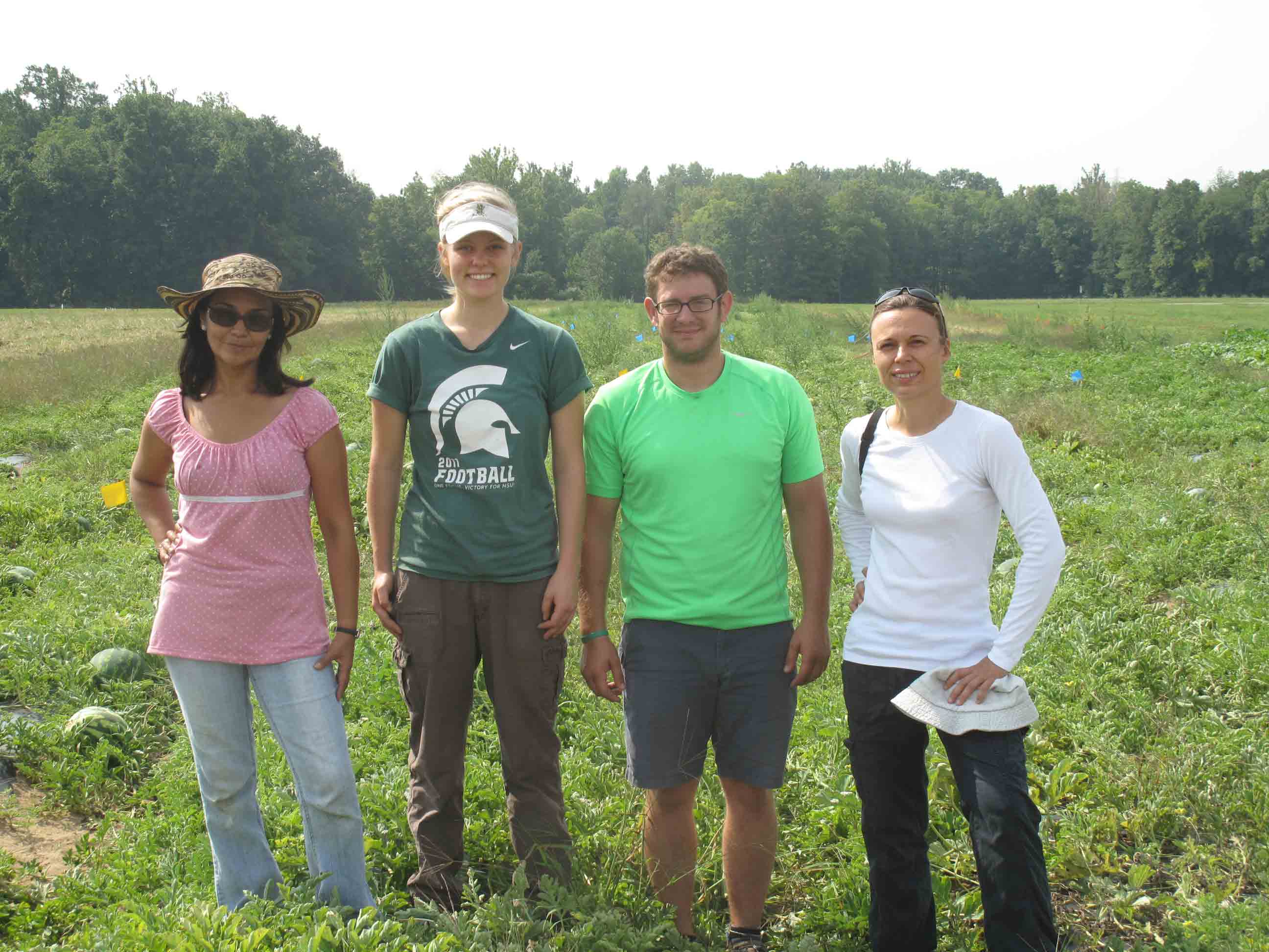 Watermelon sampling team, Aug. 2013. From left to right: Monica Hufnagel, Katie Demeuse, Adam Cortright, Zsofia Szendrei
